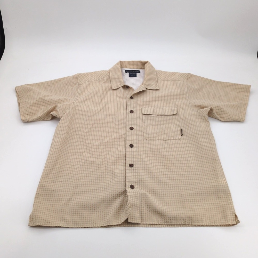 ExOfficio Mens M Short Sleeve Hiking Shirt Tan Micro Plaid Vented Trail Travel